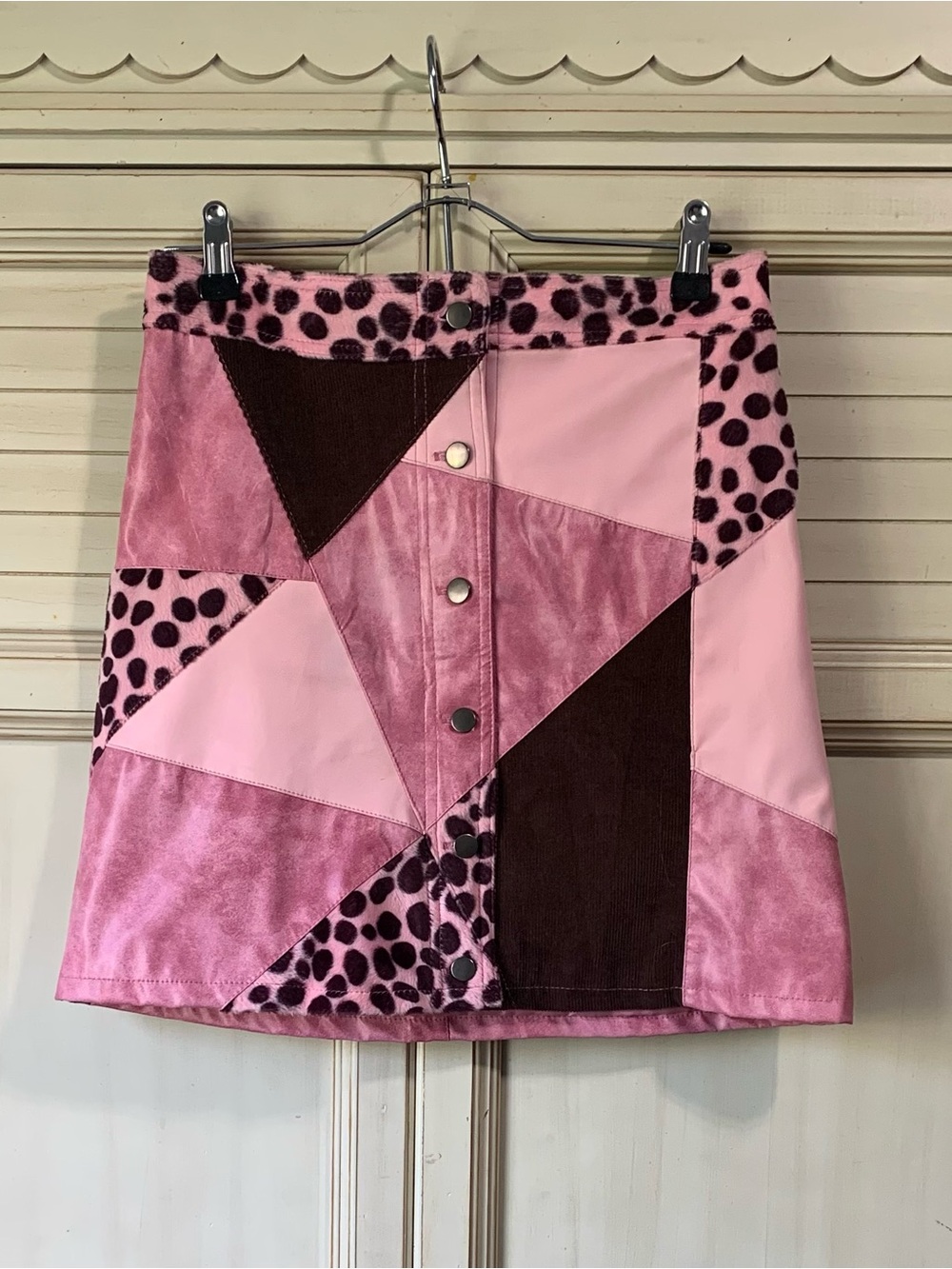 Vintage Pink Patchwork Faux Fur Button Front Mini Skirt